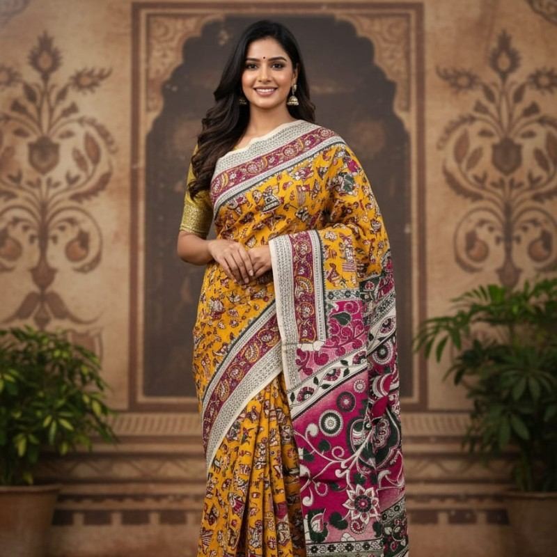 'Rangamala' Yellow canvas with Human motifs cotton Kalamkari Saree