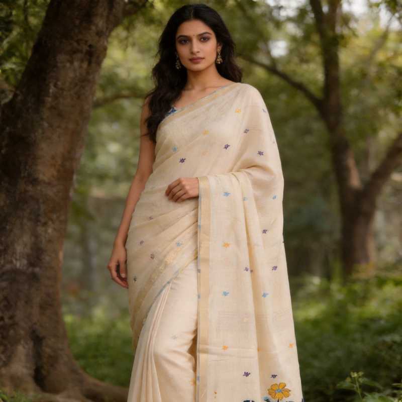 Spring Bloom Muga Jamdani Saree - Pearl Cream with Floral Design