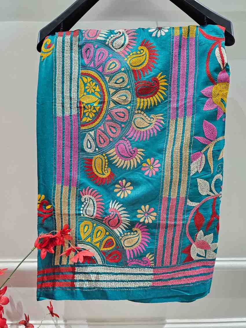 Bangalore Silk Blend Kantha Saree - Teal