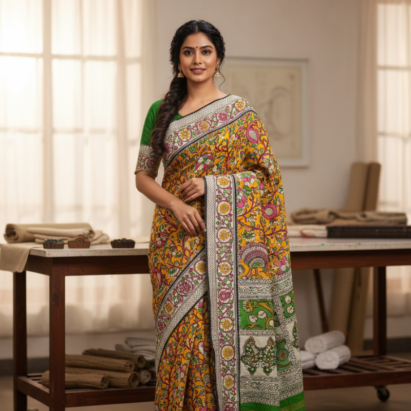 'Pakṣhiratna' Yellow canvas with Bird motifs cotton Kalamkari Saree