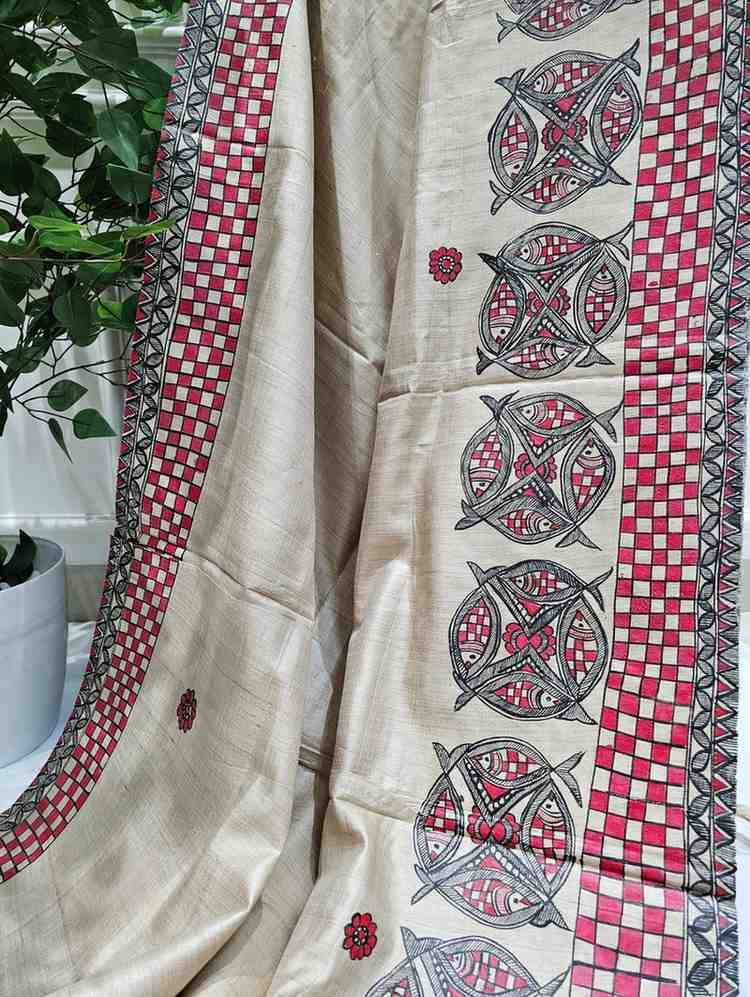 'MATSYA VIHAR' Hand painted Madhubani Pure Tussar Silk Saree