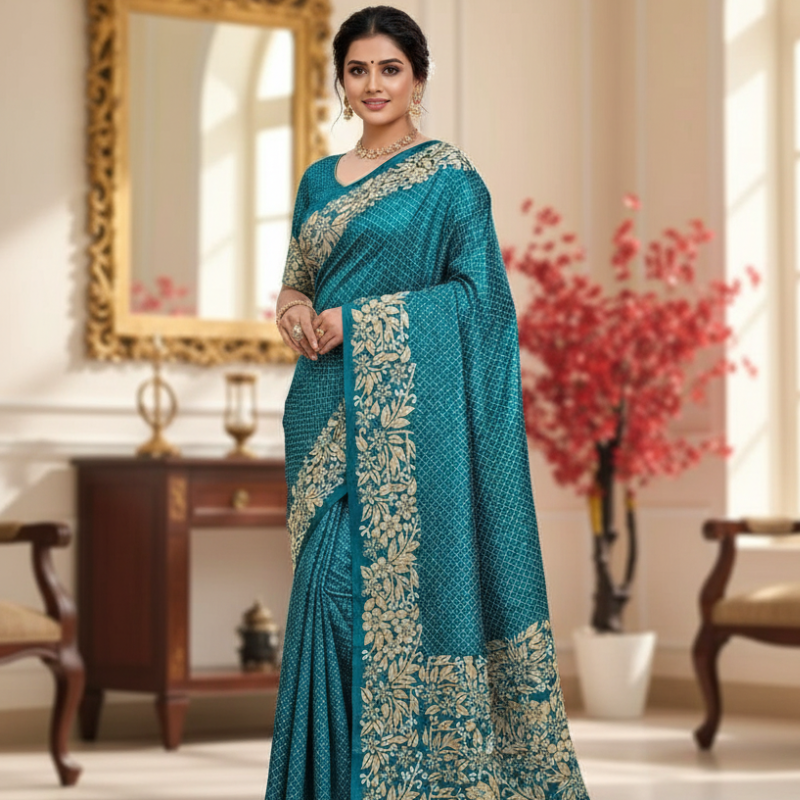 Bangalore Pure Silk Kantha Saree - Greenish Blue