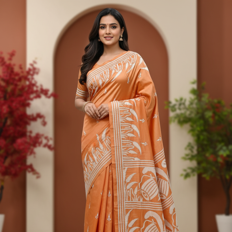 Peach Meadow Bangalore Silk Kantha Saree