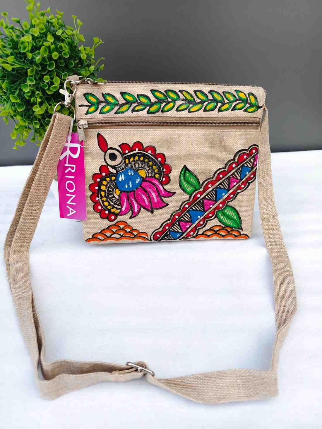Handpainted Madhubani Jute Small Sling Bag - Flying Bird Design
