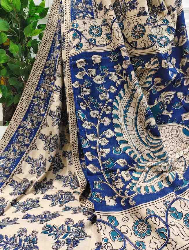 'Parnika' Off White base with Indigo-Blue Floral motifs cotton Kalamkari Saree