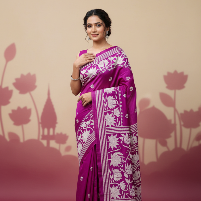 Berry Bloom Bangalore Silk Kantha Saree