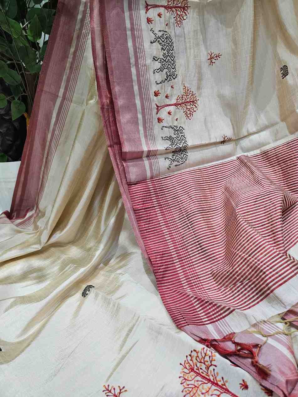 Hand stitched Matka Silk - Elephant Motifs with  Red Border