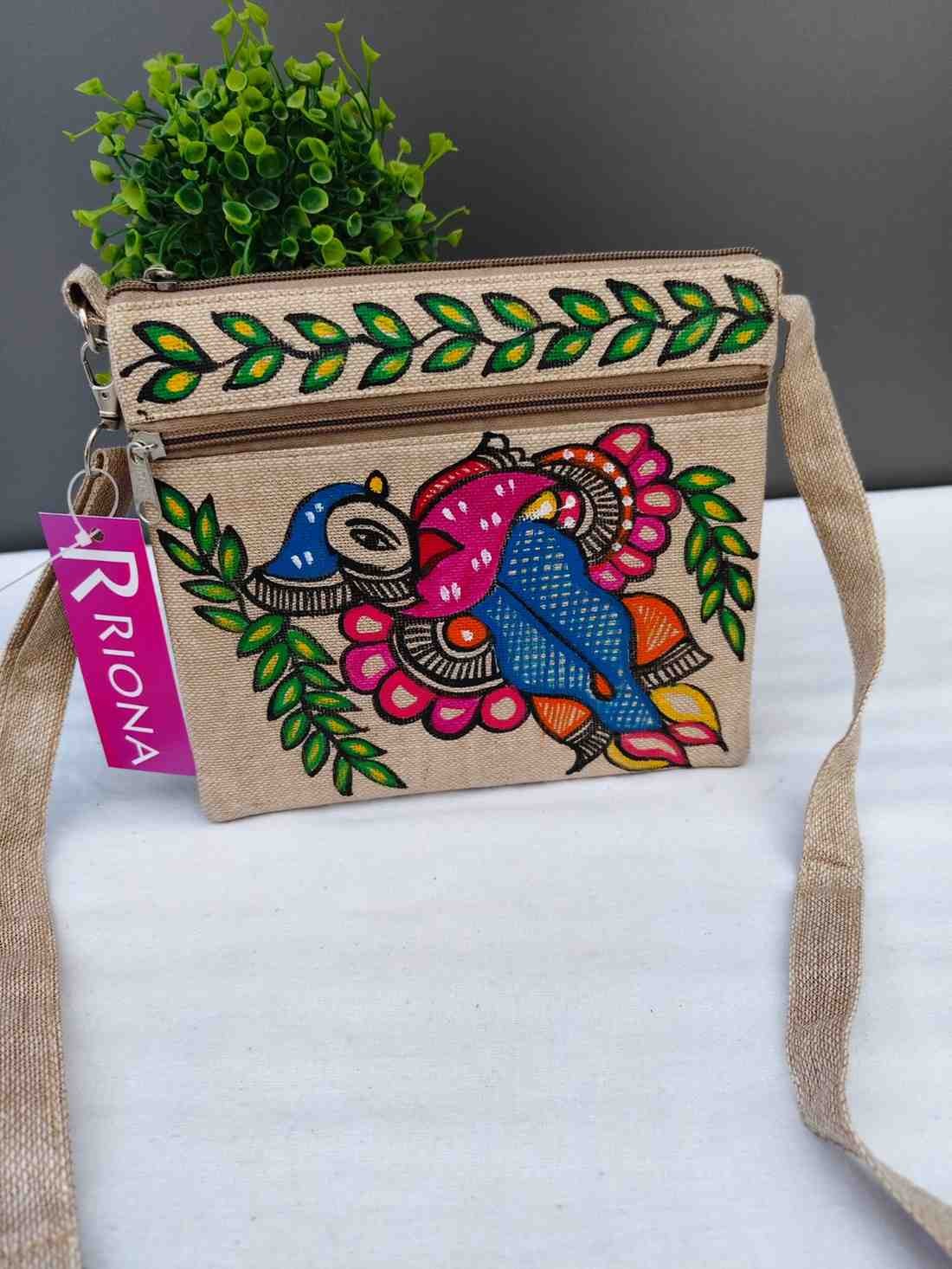 Handpainted Madhubani Jute Small Sling Bag - Peacock Design