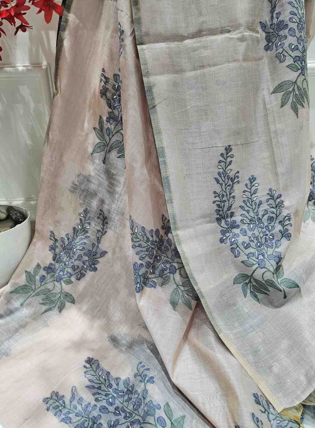 Floral Art Muga Jamdani Saree - English colour with blue Blossom
