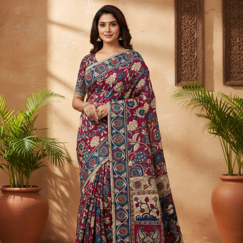 'Kusumaprabha' Brick red canvas cotton Kalamkari Saree