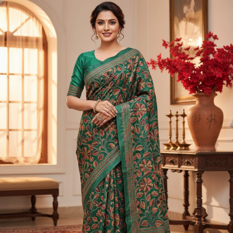 Bangalore Silk Kantha Saree - Bottle Green