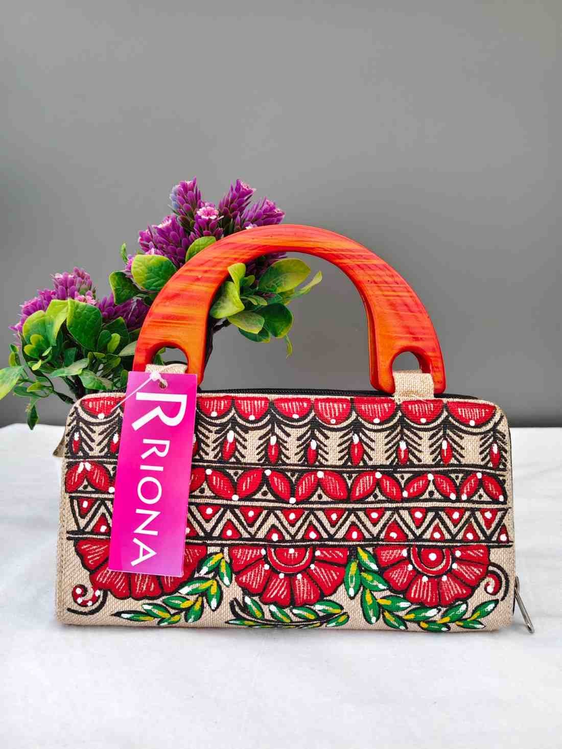 Handpainted Madhubani Jute Bag With Wooden handle - Rangoli Design