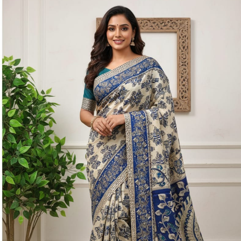 'Parnika' Off White base with Indigo-Blue Floral motifs cotton Kalamkari Saree