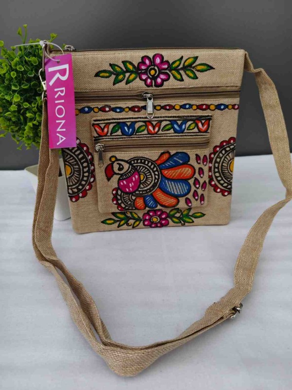 Handpainted Madhubani Double Chain Jute Small Sling Bag - Peacock Design