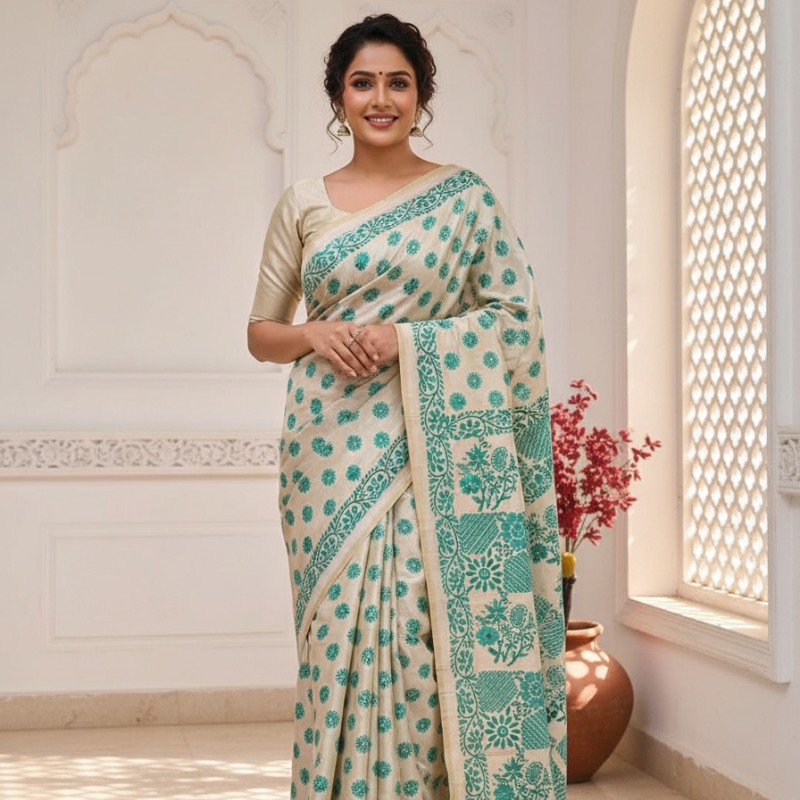 Hand Stitched Kadhwa Kantha Saree- Green