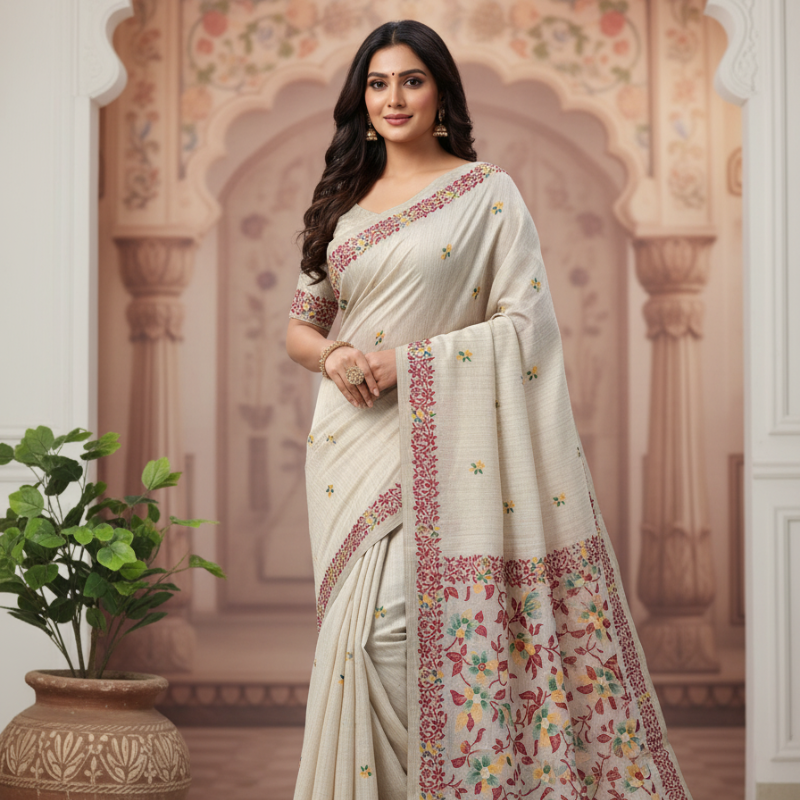 Rustic Bloom Muga Jamdani Saree