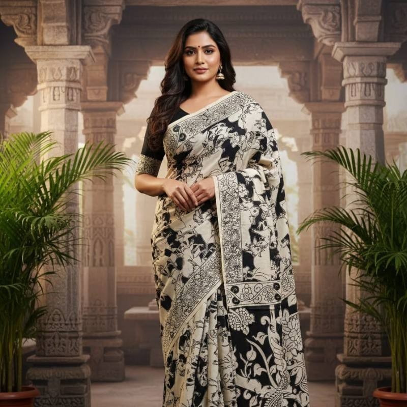 'Kamdhenu' Black canvas with Cow design cotton Kalamkari Saree