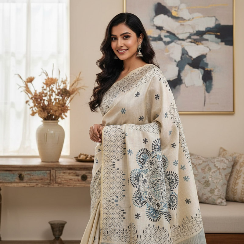 Hand Stitched Fragmented Kadhwa Kantha Saree- Grey