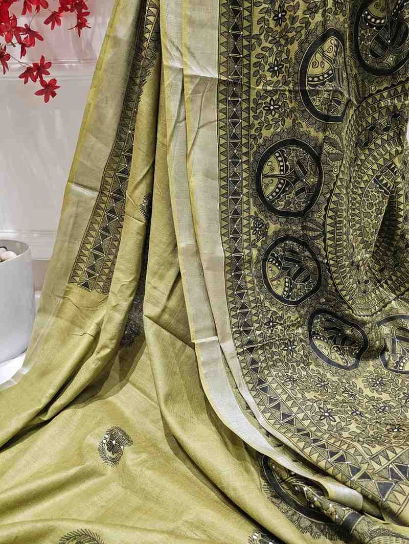 'Matsya Hari Priya' Olive Green kachni Hand painted Madhubani Blend Saree