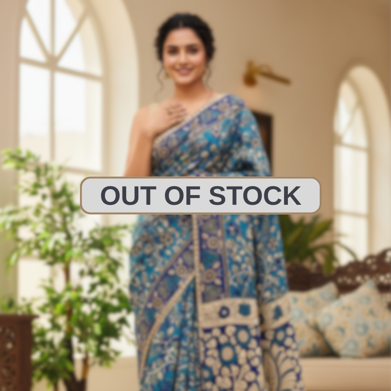 'Neelalata' Teal Blue canvas cotton Kalamkari Saree