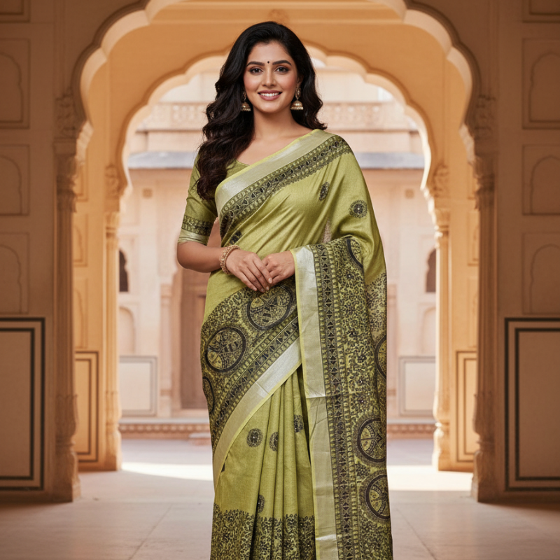 'Matsya Hari Priya' Olive Green kachni Hand painted Madhubani Blend Saree