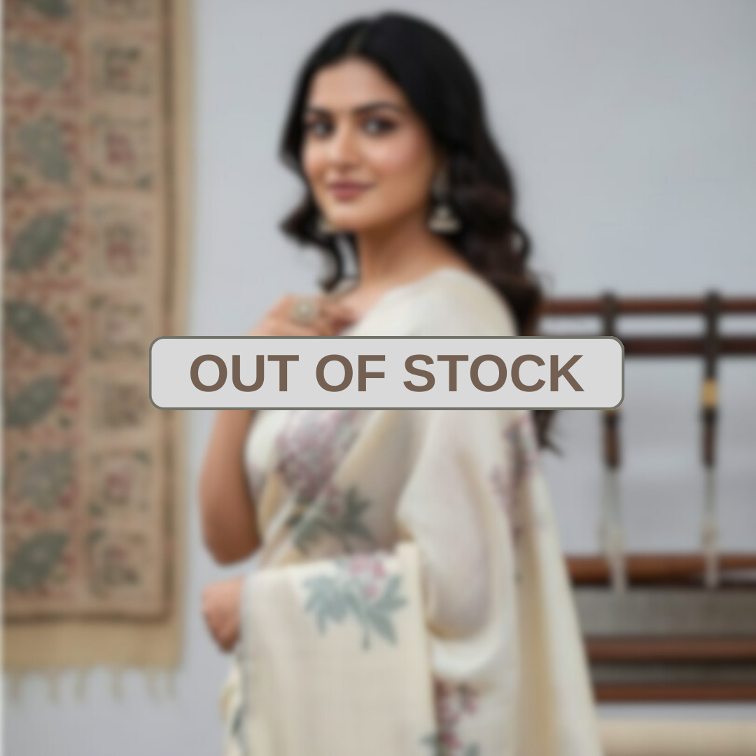 Floral Art Muga Jamdani Saree - off white with Red Blossom