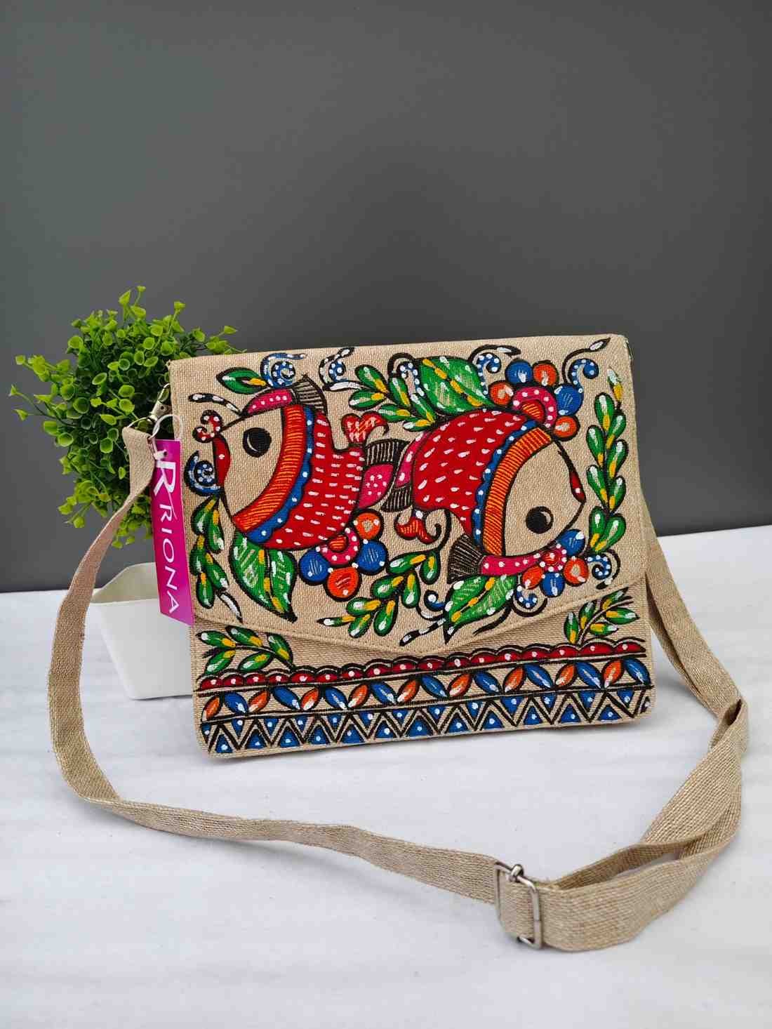 Handpainted Madhubani Jute V cut Sling Bag - Twin Fish Design