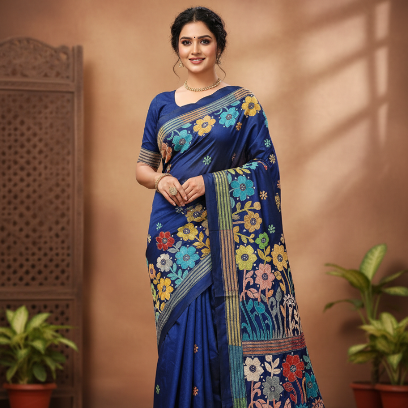 Blue Serenity Bangalore Silk Kantha Saree