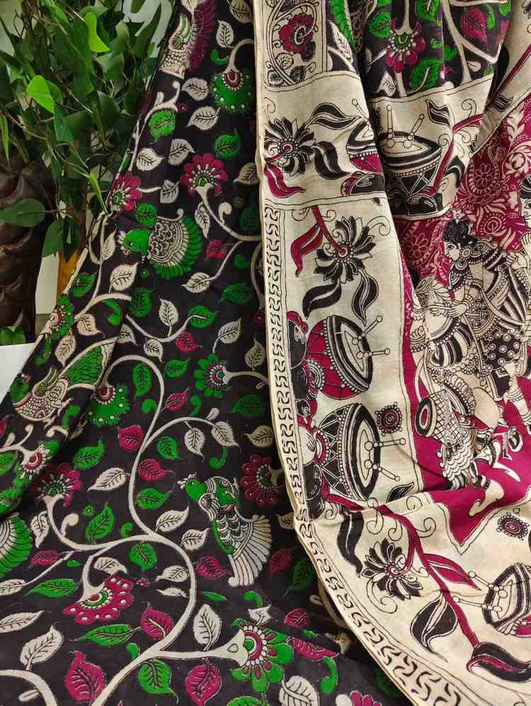 'Mayurmala' Black base with Peacock motifs cotton Kalamkari Saree
