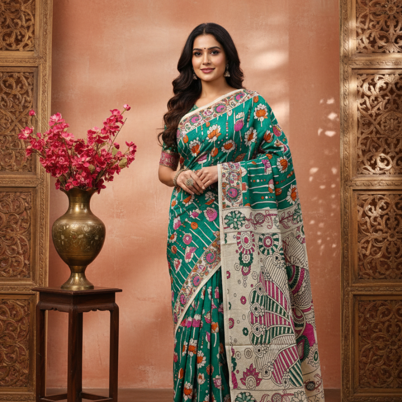 'Kamalatara' Green canvas with Lotus motifs cotton Kalamkari Saree