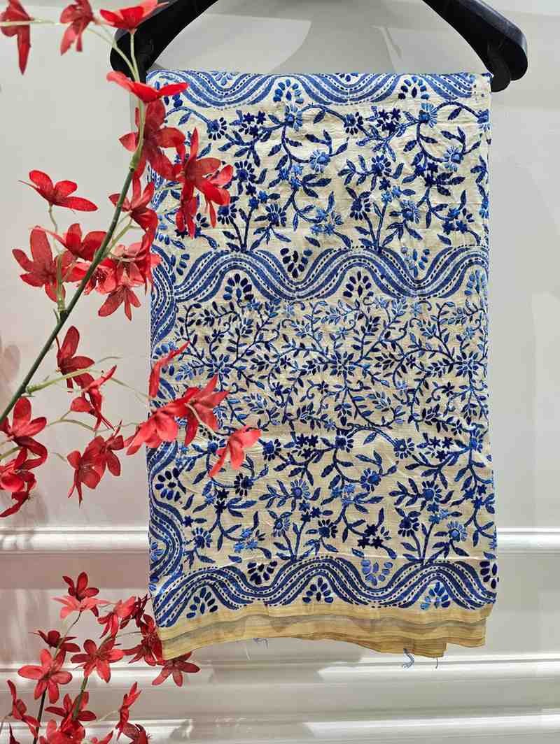 Hand Stitched Kadhwa Kantha Saree- Blue