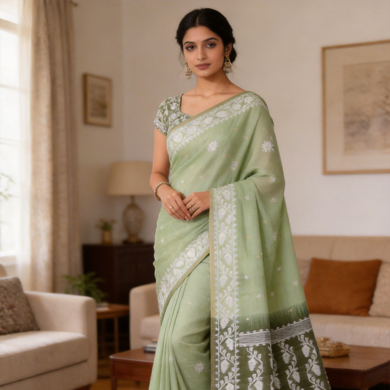 Riona Special Green vine Muga jamdani saree