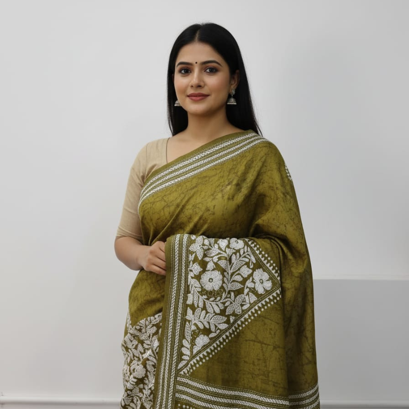 Bangalore Silk Kantha Saree - Olive Green