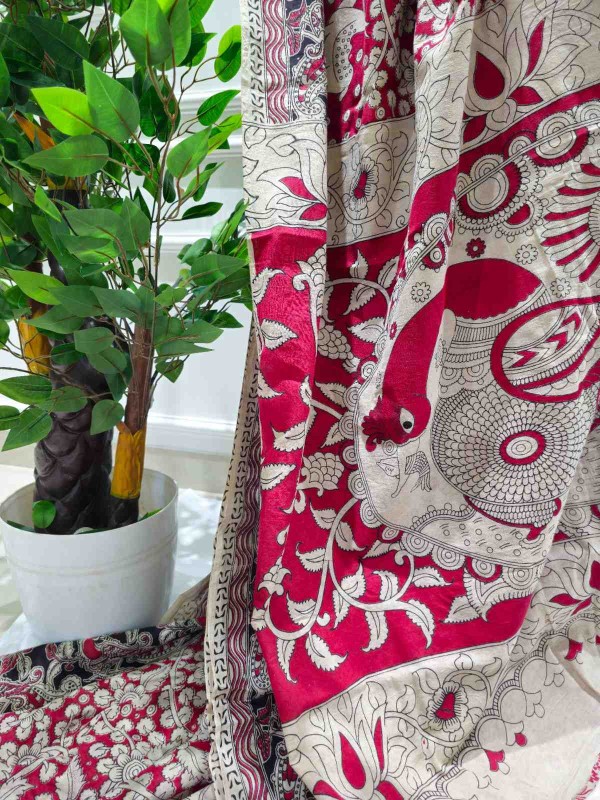 Red Canvas Cotton Kalamkari Saree