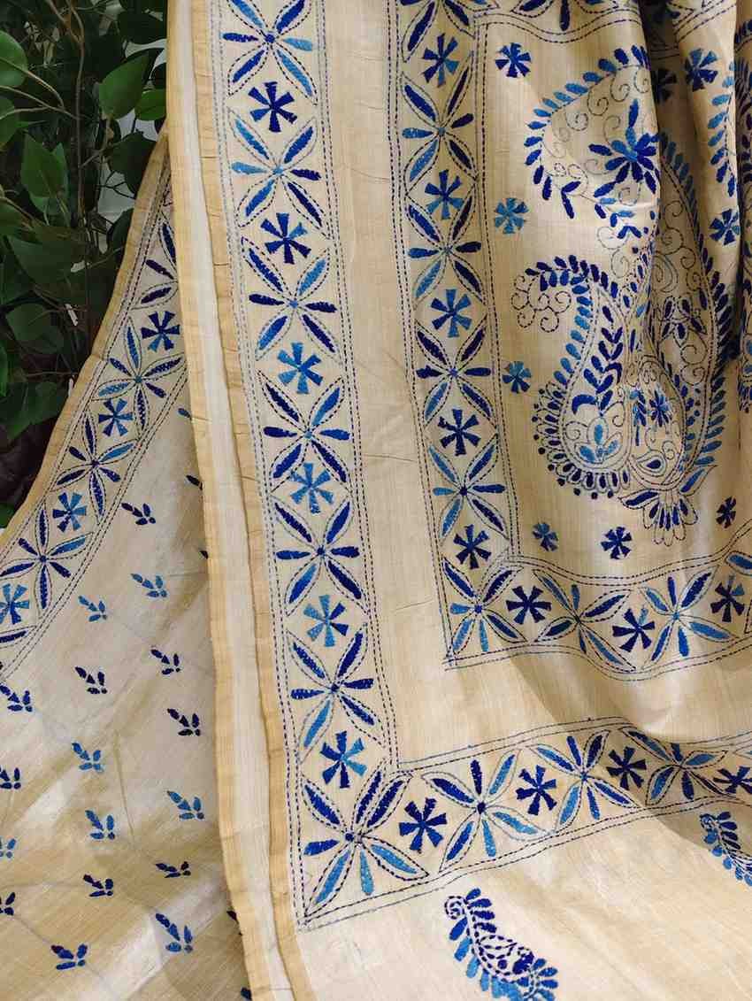 Hand stitched fragmented kadwa kantha saree – Blue Koyari
