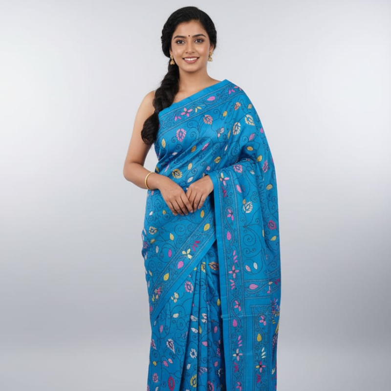 Bangalore Silk Blend Kantha Saree -  Deep Sky Blue With Peacock and Deer Design
