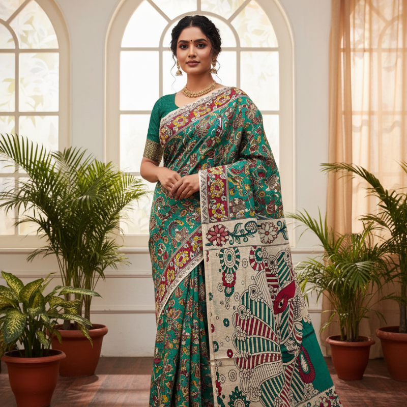 'Nrityangana' Bottle Green canvas cotton Kalamkari Saree