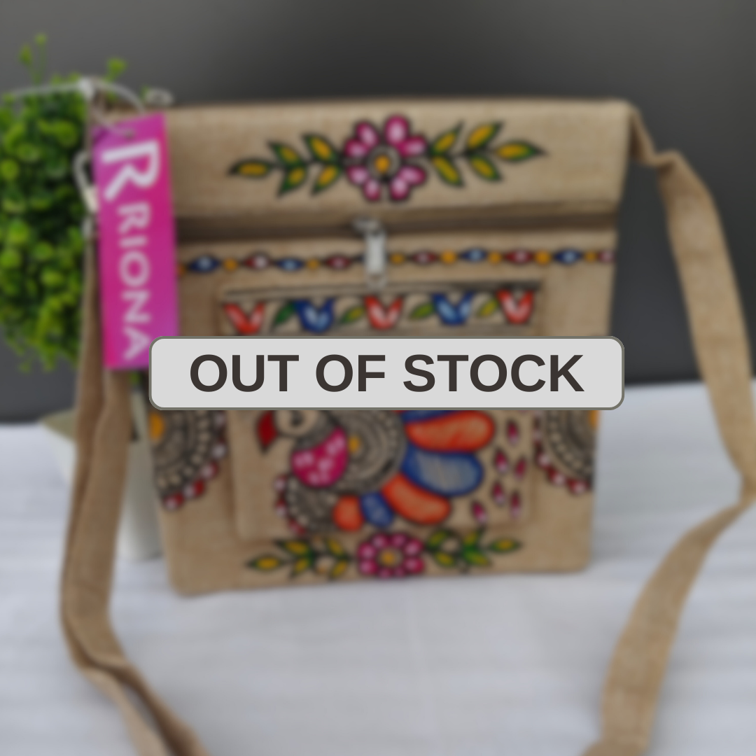 Handpainted Madhubani Double Chain Jute Small Sling Bag - Peacock Design