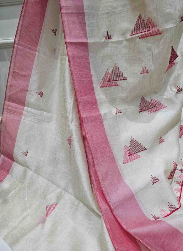 Hand stitched Matka Silk With Pyramid Design- Pink, Green, Red