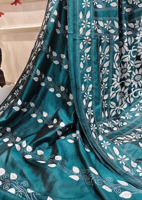 Bangalore pure silk Kantha Saree - Dark Teal Green