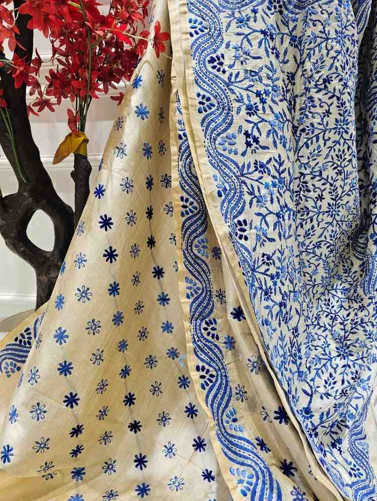 Hand Stitched Kadhwa Kantha Saree- Blue