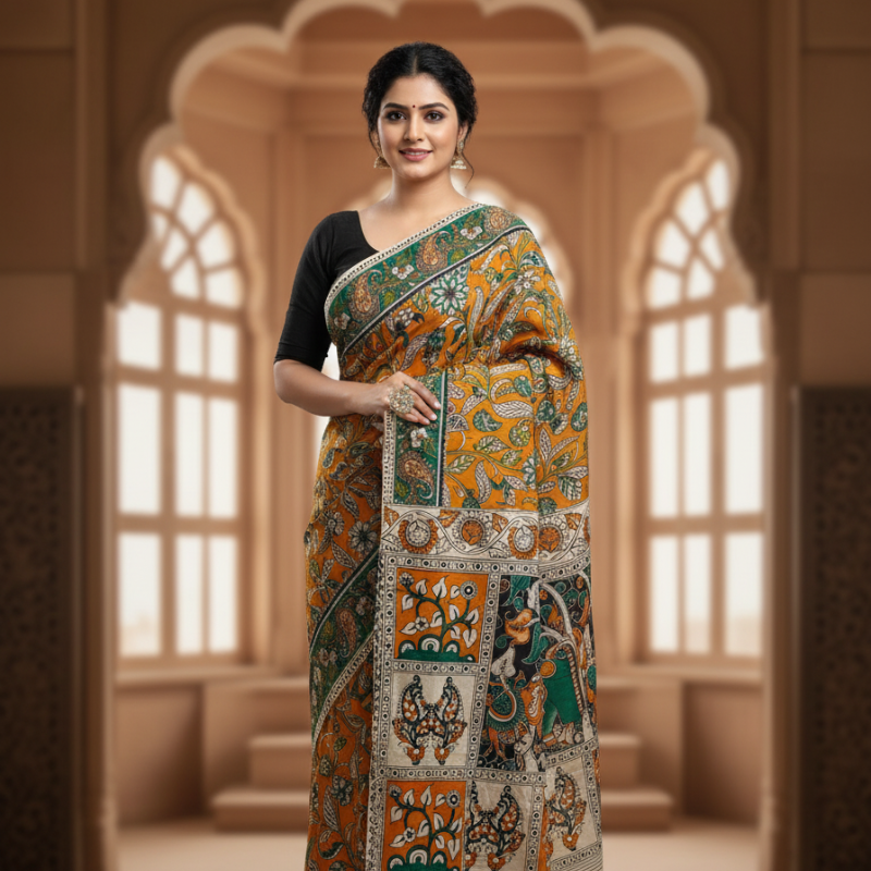 'Kalindi' Orange with Green & Floral creepers design cotton Kalamkari Saree