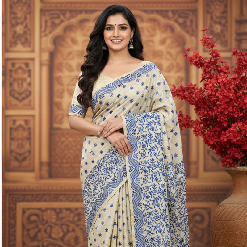 Hand Stitched Kadhwa Kantha Saree- Blue