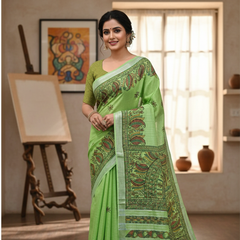 'PANKHI' Green Hand painted Madhubani Blend Saree