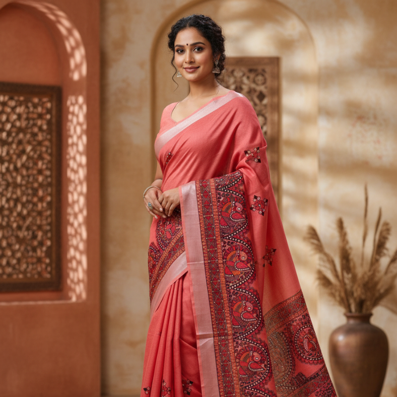 'Mayurika' Pink Hand Painted Madhubani Blend Saree