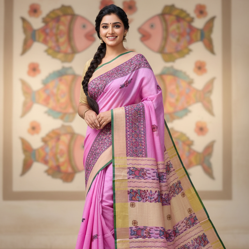 Gulabi Chakra Morni Hand painted Madhubani Blend Saree