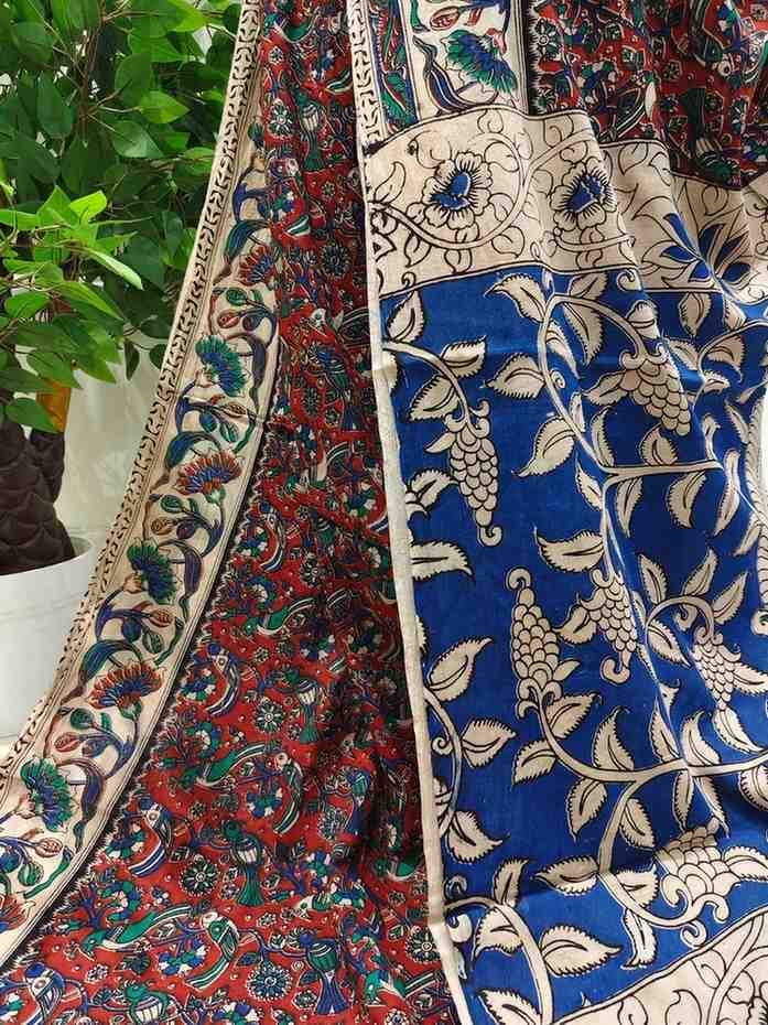 'Sukalata' Rea canvas with small Parrot motifs cotton Kalamkari Saree