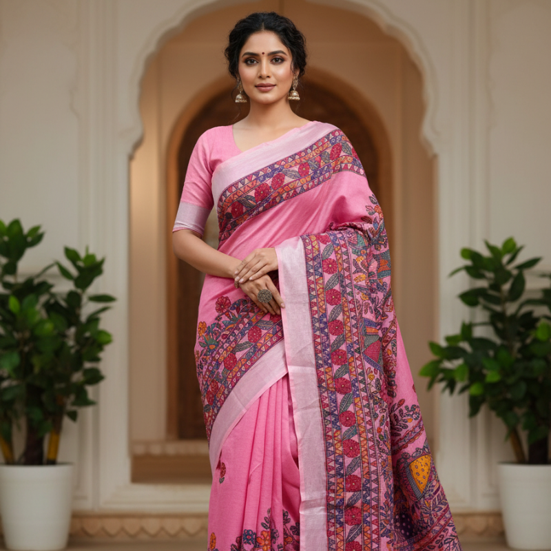 'Gulabi chitra' Light Pink Hand Painted Madhubani Blend Saree