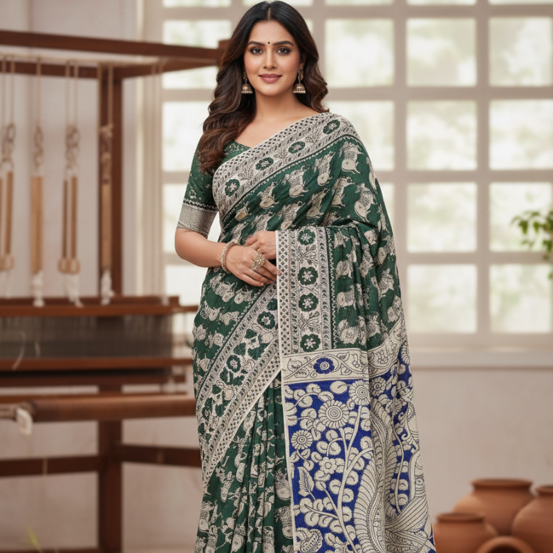 Green Canvas cotton kalamkari saree