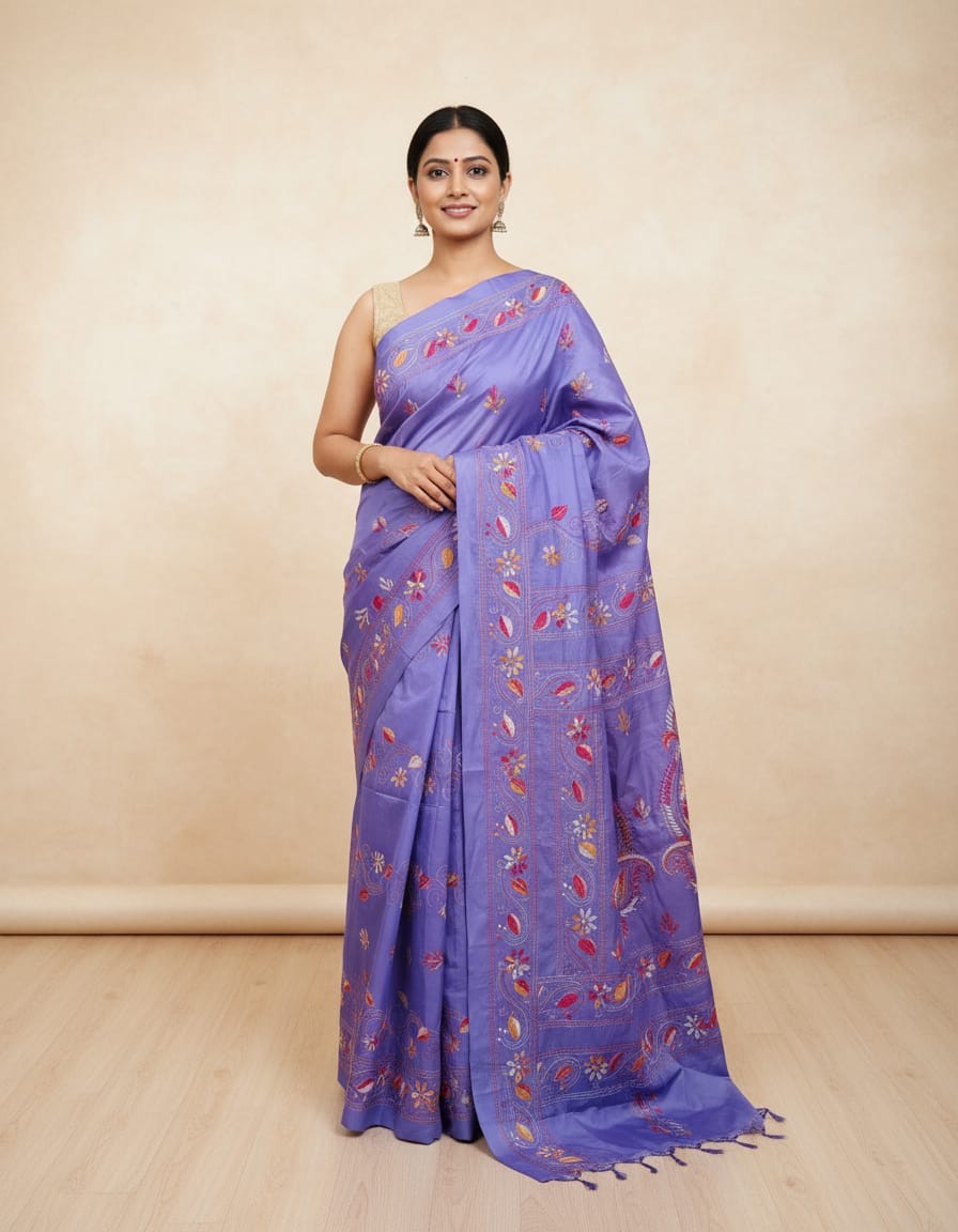 Bangalore Silk Blend Kantha Saree-  Lavender with Red and Yellow Color Design